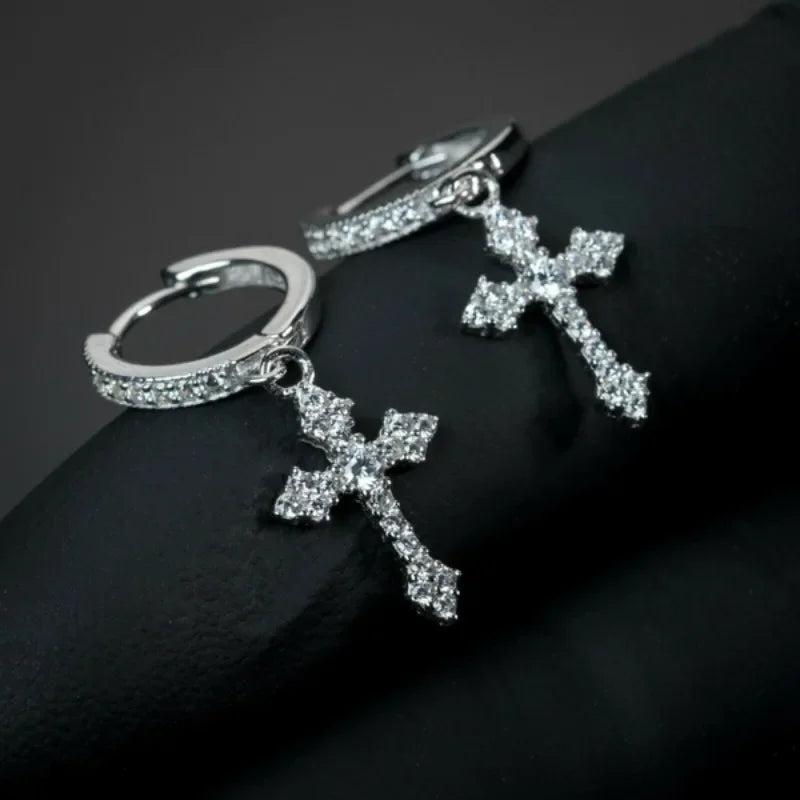 Fashion Simple Cross Drop Hoop Earrings Shiny Crystal Zircon Earring for Women Men Personality Accessories Jewelry Birthday Gift