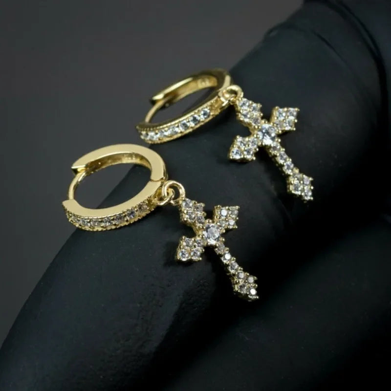 Fashion Simple Cross Drop Hoop Earrings Shiny Crystal Zircon Earring for Women Men Personality Accessories Jewelry Birthday Gift