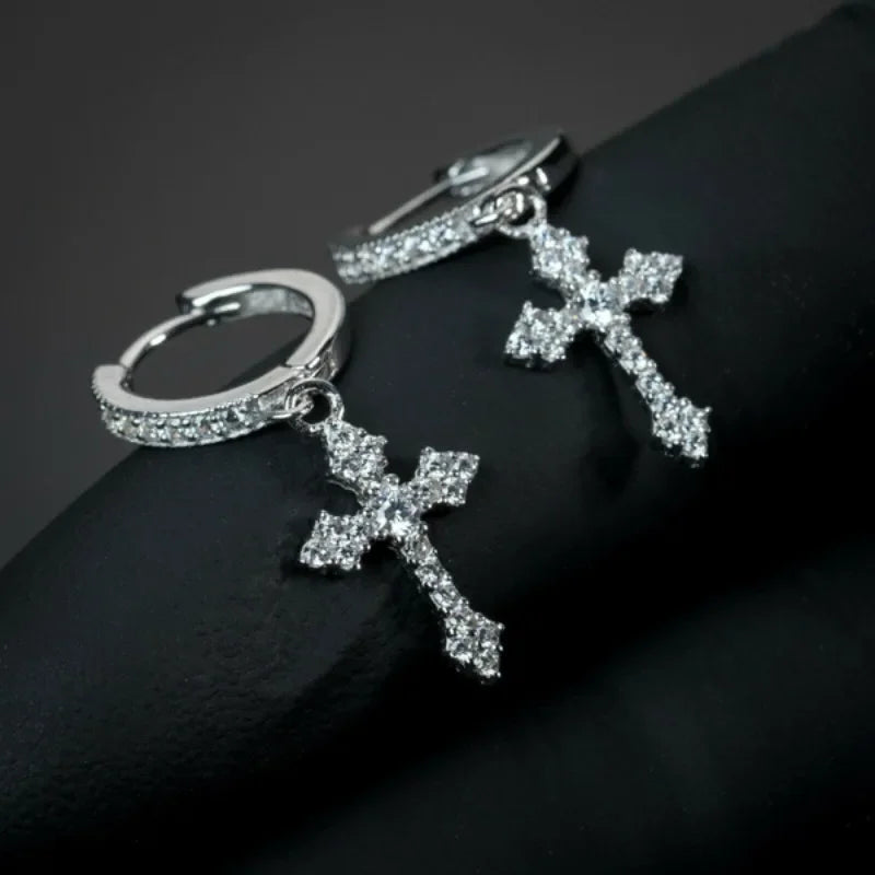 Fashion Simple Cross Drop Hoop Earrings Shiny Crystal Zircon Earring for Women Men Personality Accessories Jewelry Birthday Gift
